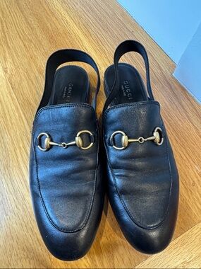 Gucci Black Leather Horsebit Slingback Mules with Gold Hardware